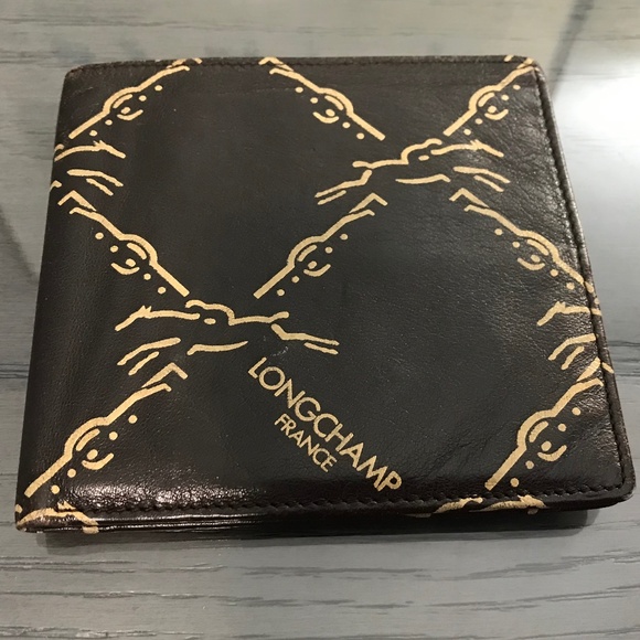 Longchamp men's brown leather logo wallet, vintage with wear